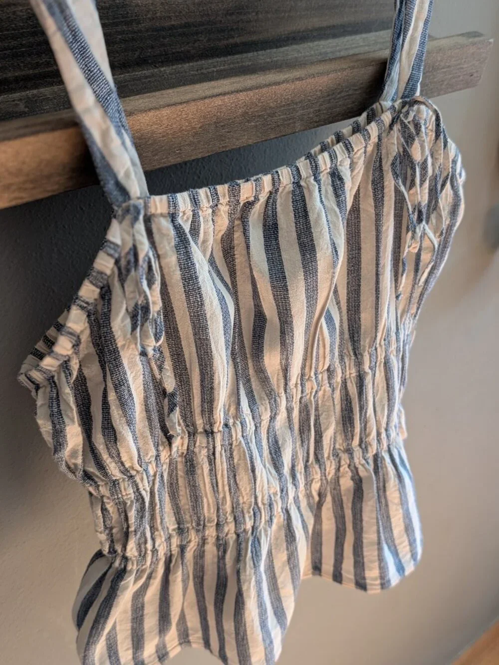 Blue and White Striped Linen Smocked Peplum Top Tie Accents Large Coastal - Picture 2 of 5